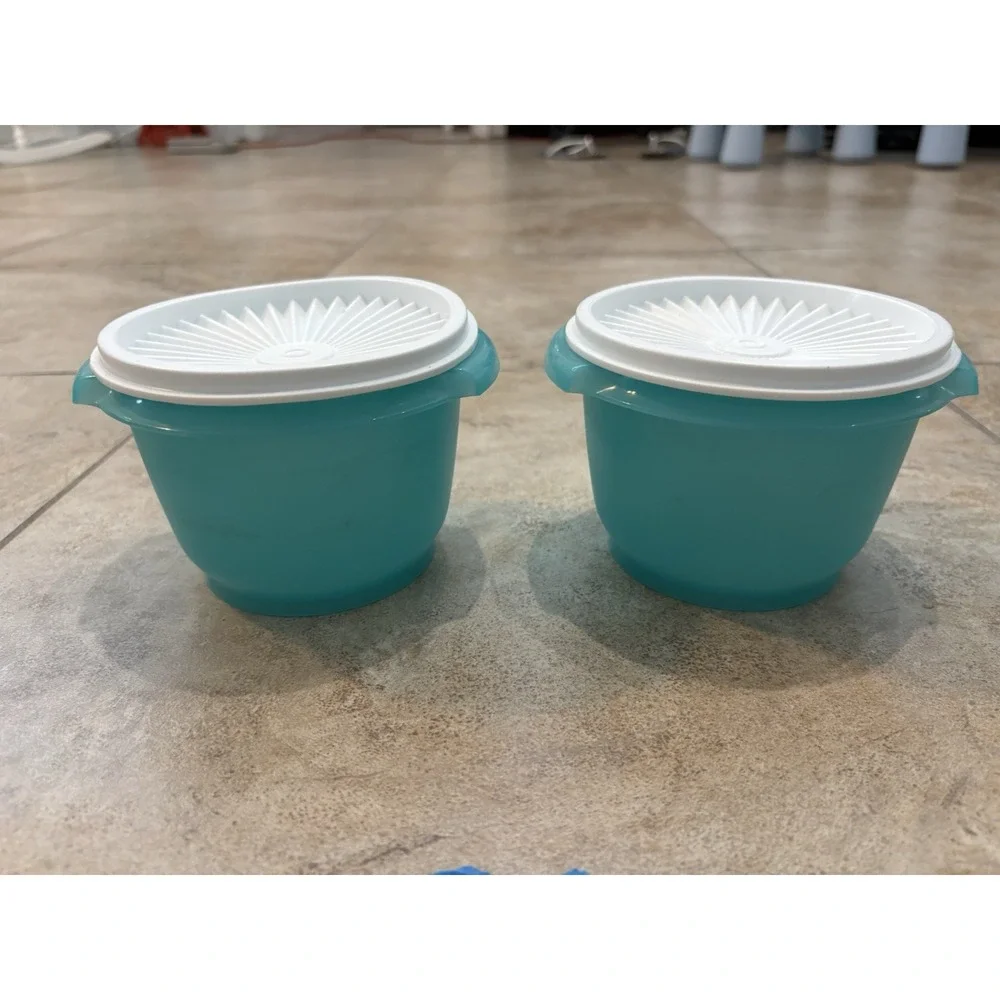Tupperware Servalier Bowls 20oz Set of 2 Teal Blue Sunburst Instant Seals Mexico